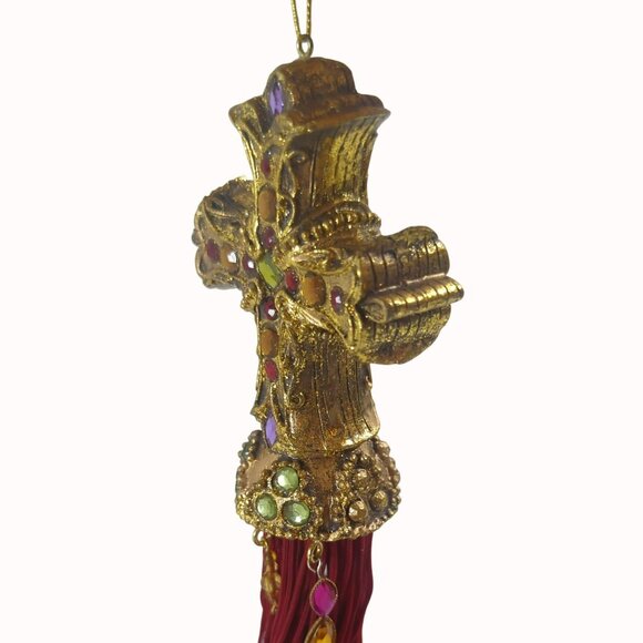 Ornate Jeweled Gold Cross Tassel Decor With Gem Accents & Red Fringe - Picture 5 of 6